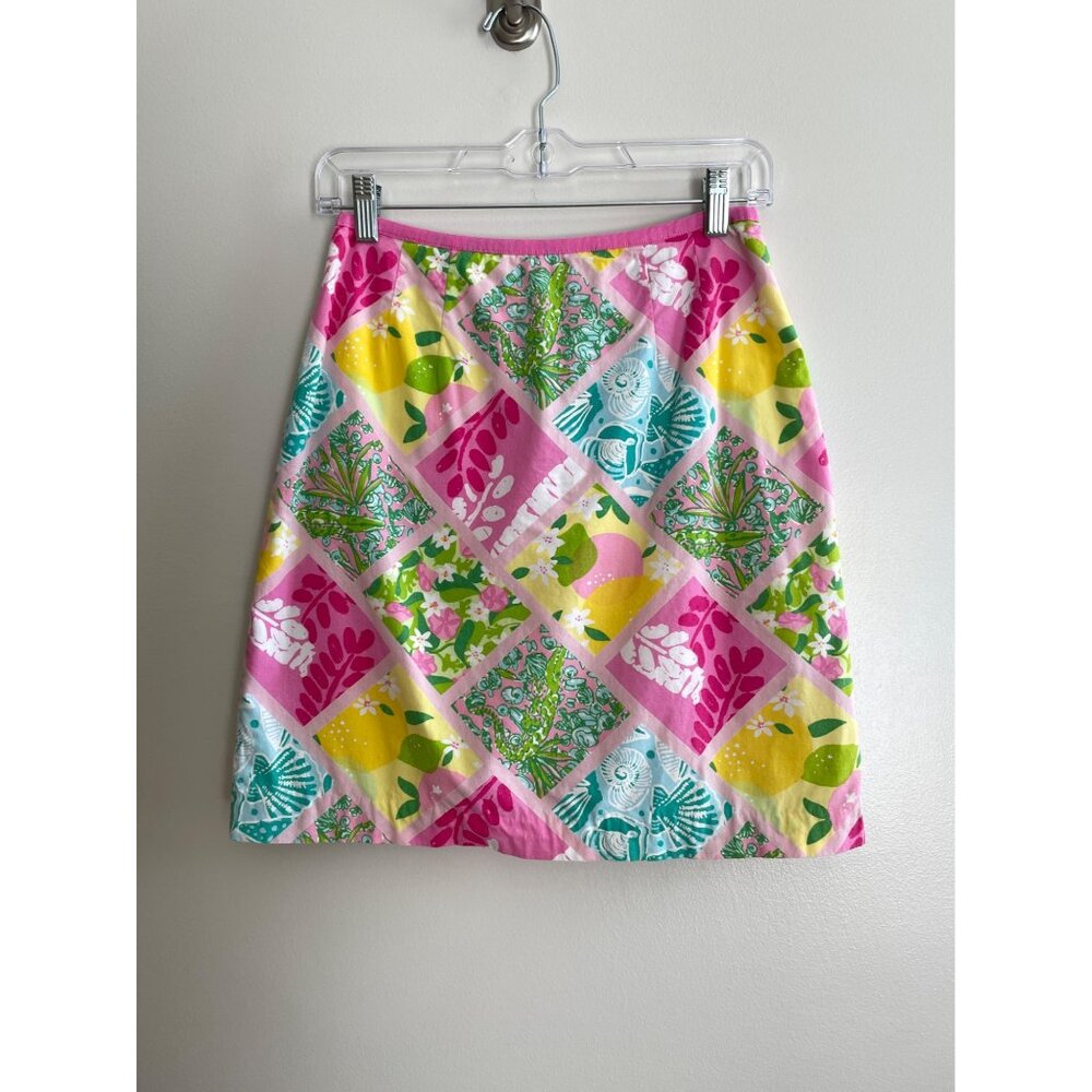 VTG Lilly Pultizer Patchwork Mini Skirt Womens 2 Floral Shells Y2K Beach
